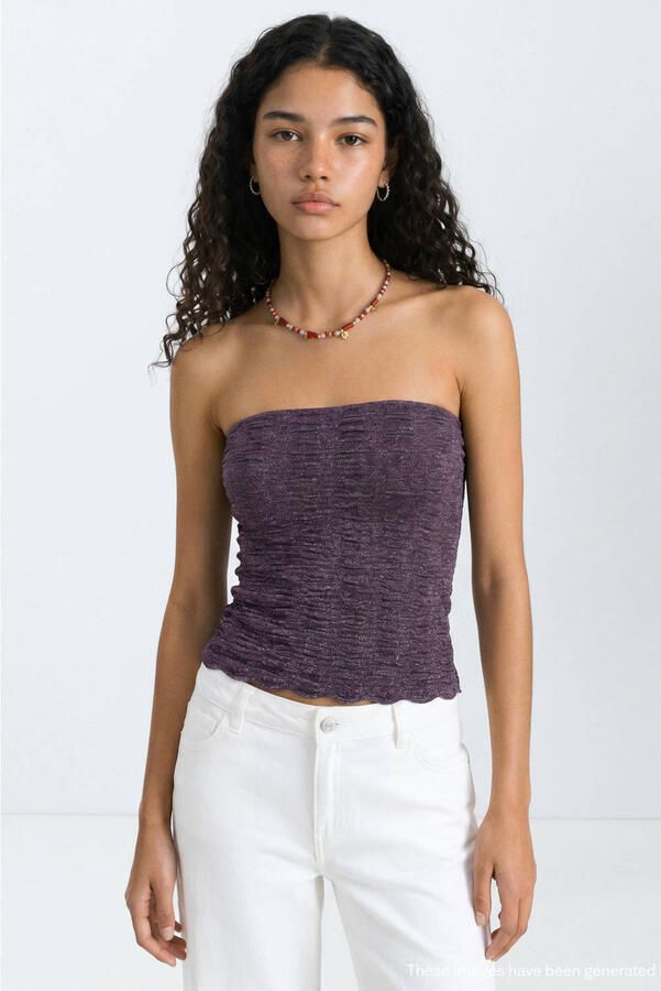 MANGO TEEN strapless top met glitters aubergine