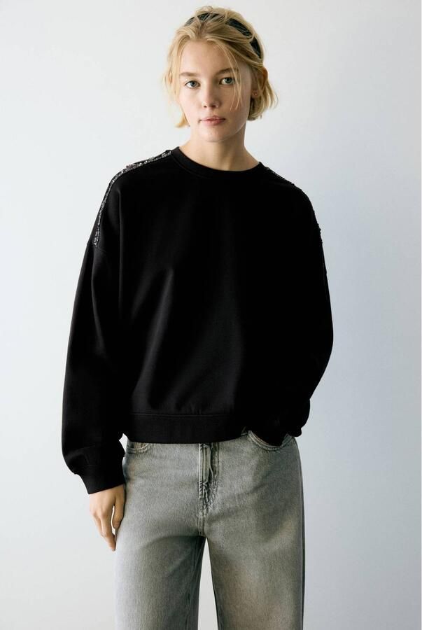 MANGO TEEN sweater met glitters zwart Meisjes Katoen Ronde hals Effen maat 152(XXS) pailletten