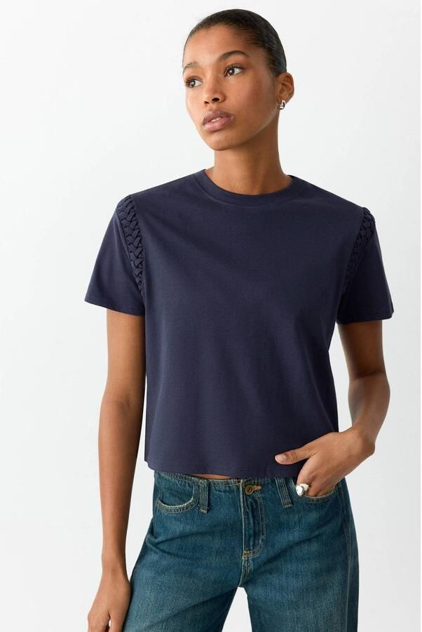 MANGO TEEN T-shirt marineblauw Meisjes Katoen Ronde hals Effen maat 152(XXS)