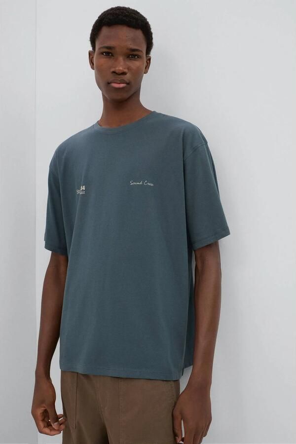 MANGO TEEN T-shirt met backprint grijsblauw Jongens Katoen Ronde hals maat 158(XXS)