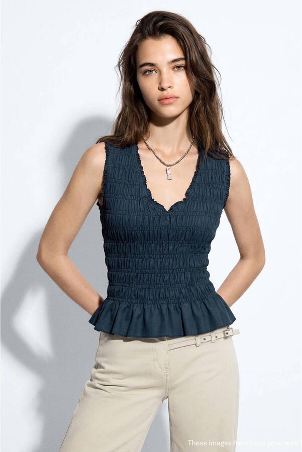 MANGO TEEN top met peplum en smockwerk donkerblauw