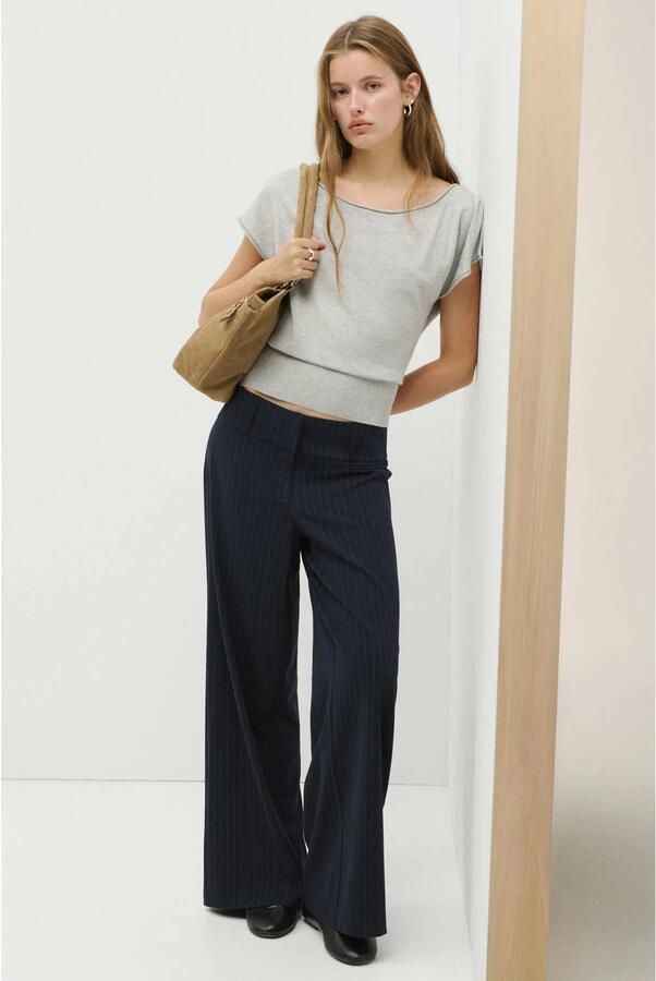MANGO TEEN wide leg casual broek met krijtstreep marineblauw