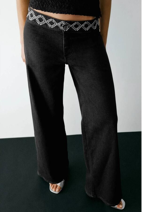 MANGO TEEN wide leg jeans met borduursels zwart Meisjes Katoen Effen