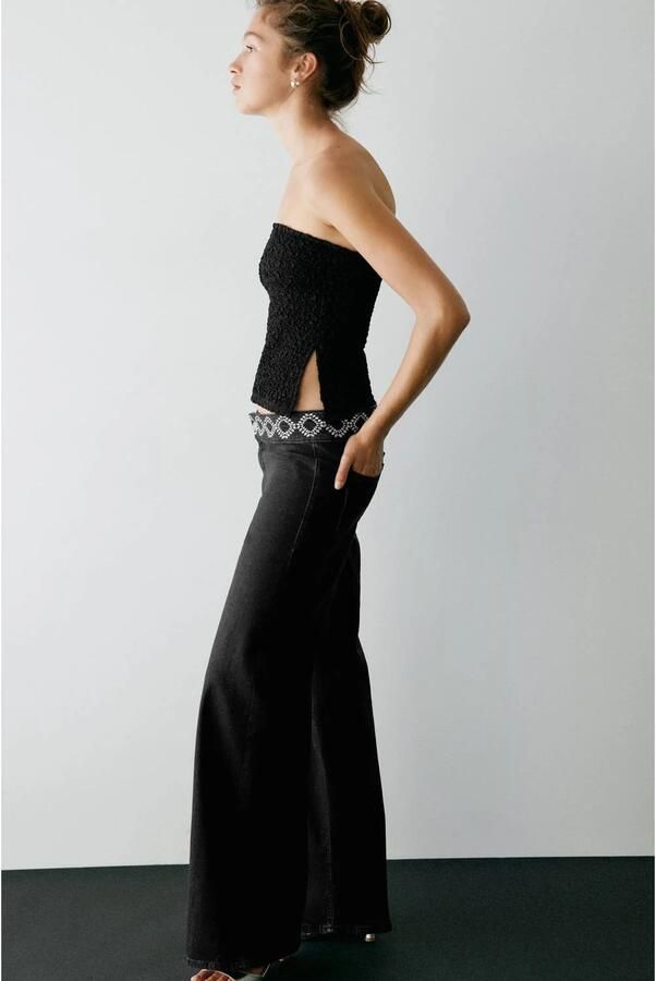 MANGO TEEN wide leg jeans met borduursels zwart Meisjes Katoen Effen - Foto 2