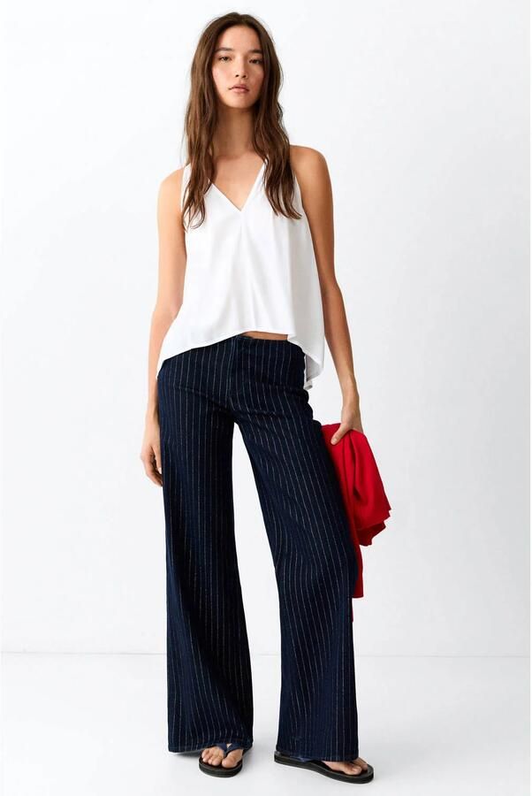 MANGO TEEN wide leg jeans met krijtstreep donkerblauw