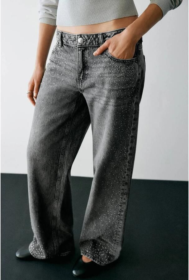 MANGO TEEN wide leg jeans met studs grey denim Grijs Meisjes Katoen Effen (XXS)