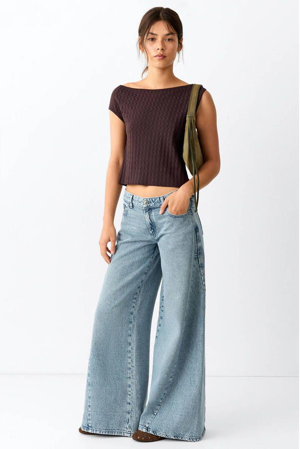 MANGO TEEN wide leg jeans met studs lichtblauw