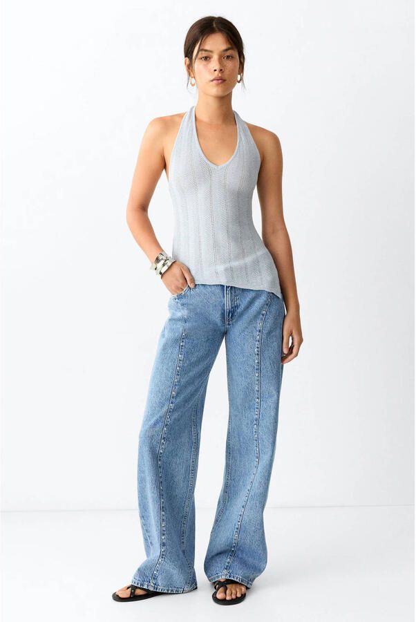 MANGO TEEN wide leg jeans met studs mediumblauw