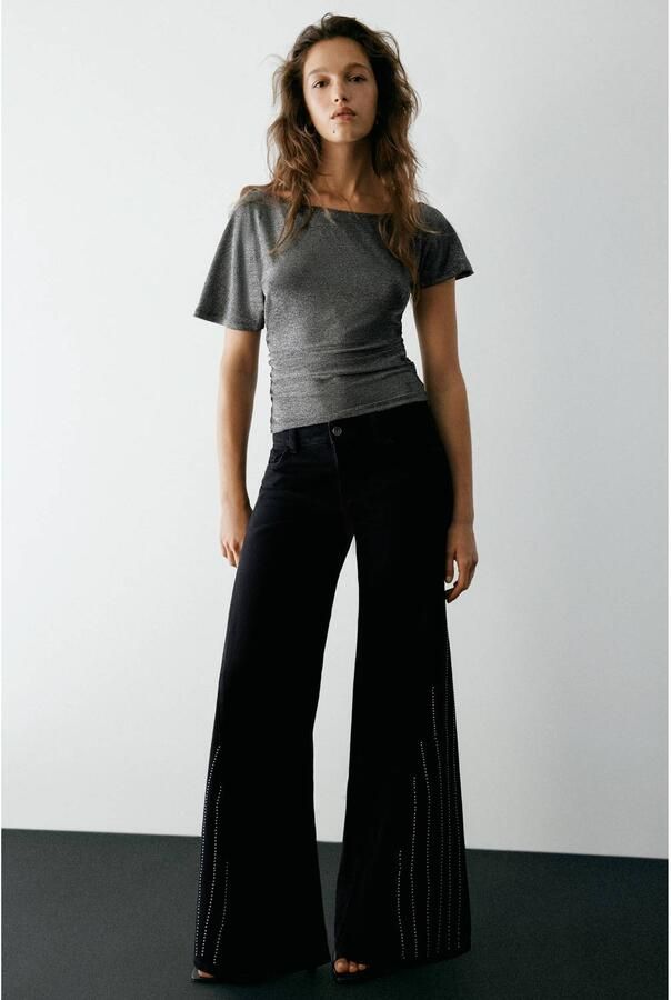 MANGO TEEN wide leg jeans met studs zwart