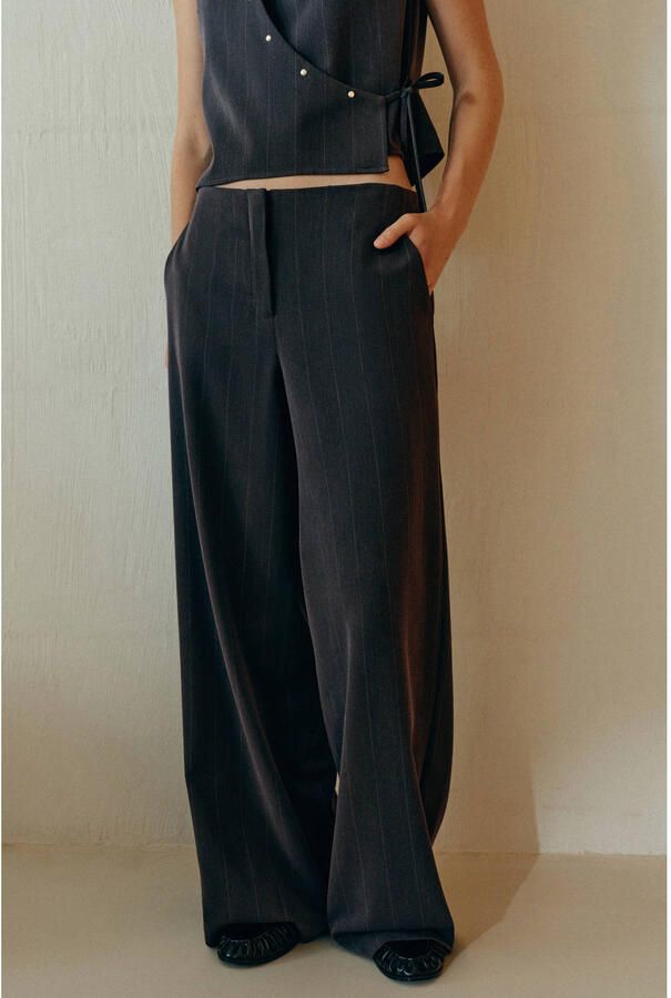 MANGO TEEN wide leg pantalon met krijtstreep grijs