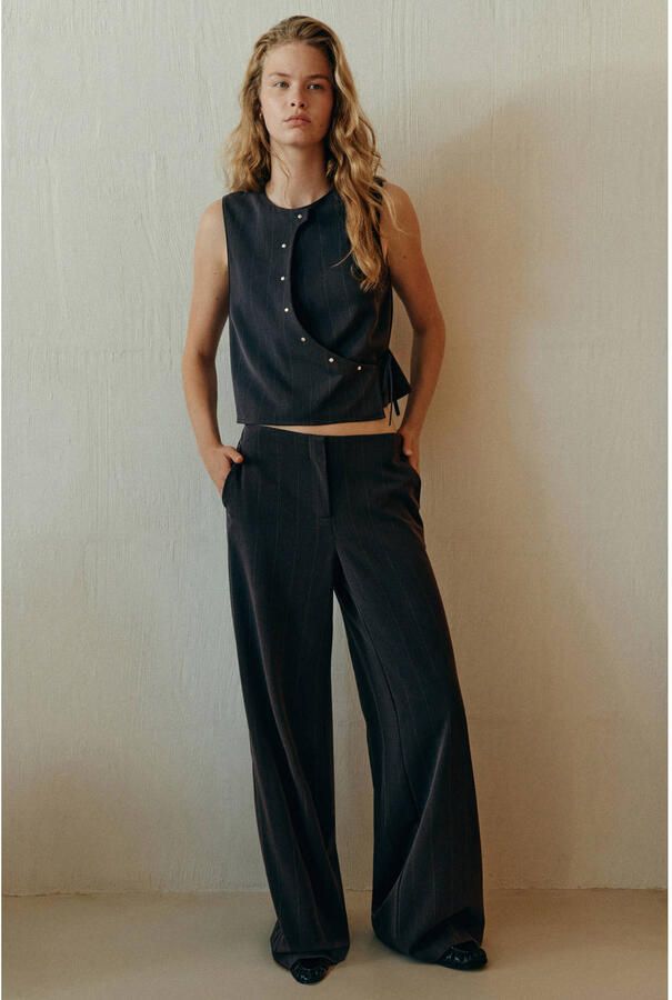 MANGO TEEN wide leg pantalon met krijtstreep grijs - Foto 3