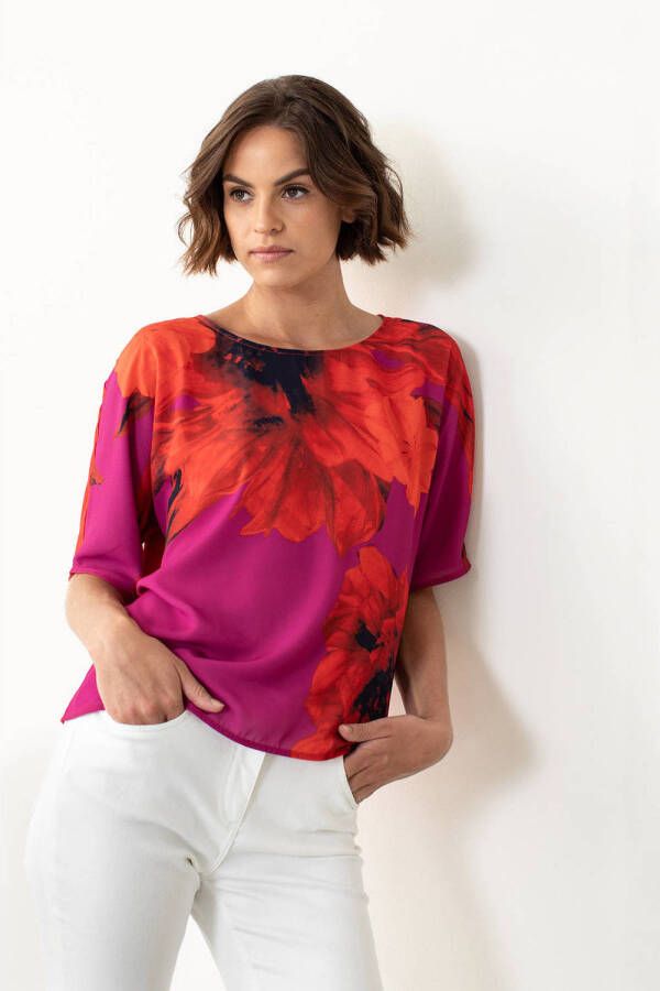 Mart Visser satijnen top Loua met all over print fuchsia rood