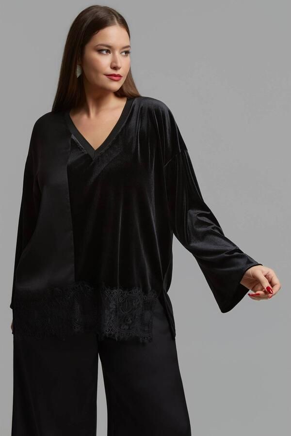 Mat Fashion Plus Size velours blouse zwart