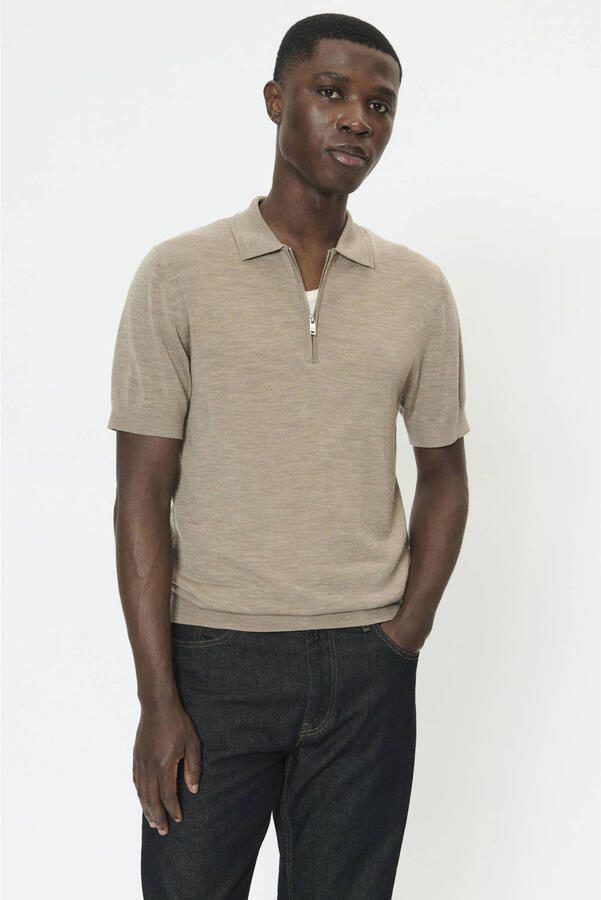 Matinique regular polo met wol fijn gebreid lichtbruin