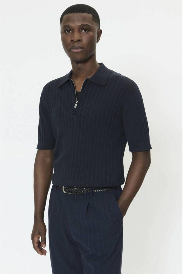 Matinique regular polo rib gebreid donkerblauw