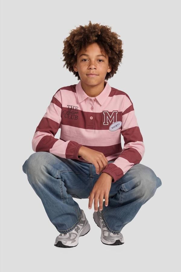 Me & My Monkey gestreepte longsleeve met tekst roze rood Meisjes Sweat Polokraag