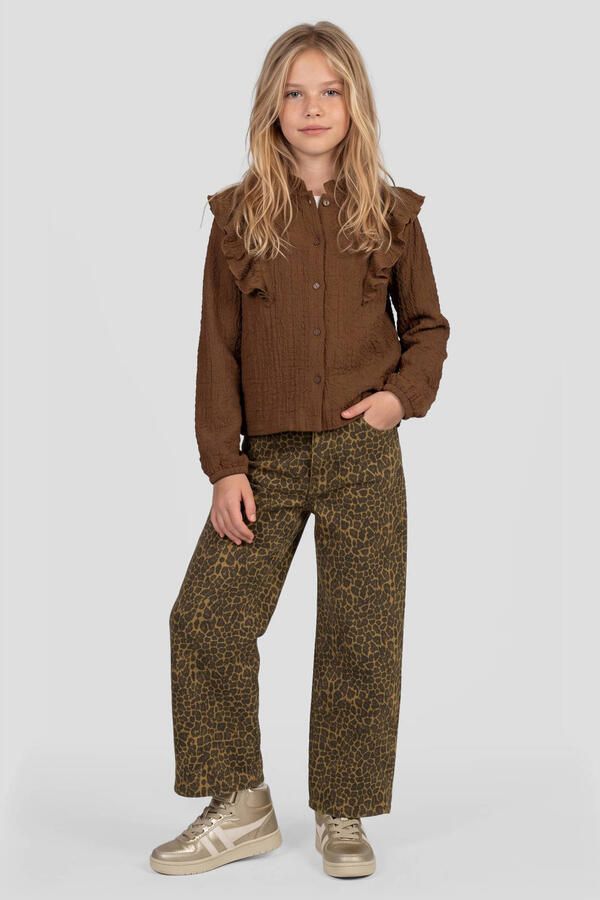 Me & My Monkey rechtvallende blouse met ruches donkerbruin Meisjes Stretchkatoen Opstaande kraag - Foto 2