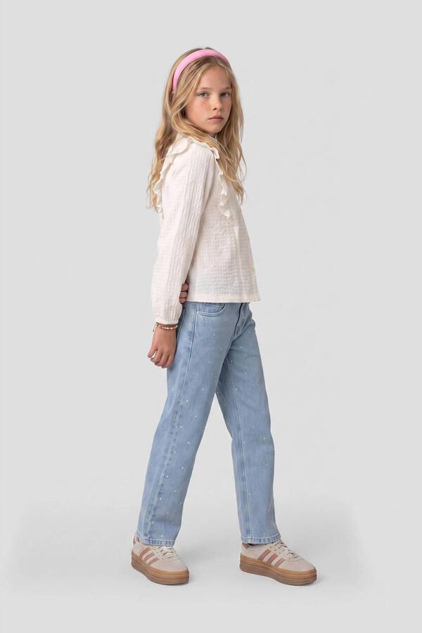 Me & My Monkey rechtvallende blouse met ruches ecru Meisjes Stretchkatoen Opstaande kraag - Foto 2