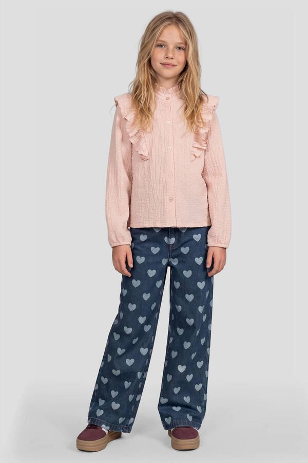 Me & My Monkey rechtvallende blouse met ruches roze Meisjes Stretchkatoen Opstaande kraag