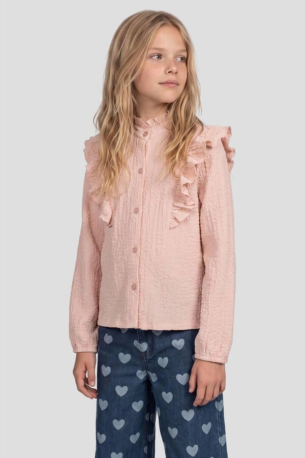 Me & My Monkey rechtvallende blouse met ruches roze Meisjes Stretchkatoen Opstaande kraag - Foto 2