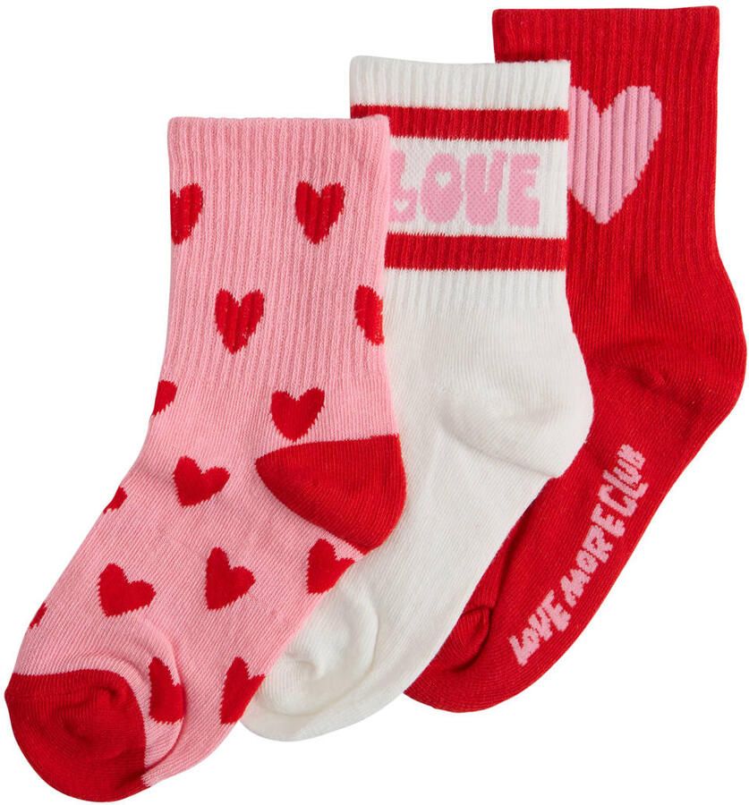Me & My Monkey sokken met hartjes (set van 3) Rood Meisjes Stretchkatoen maat 27-30