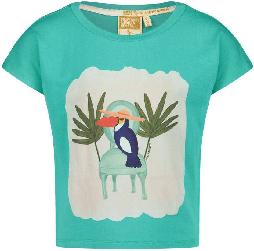 Me & My Monkey T-shirt met printopdruk turquoise Blauw Meisjes Viscose Ronde hals 116