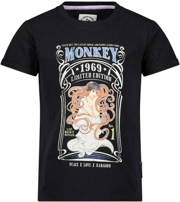 Me & My Monkey T-shirt met printopdruk zwart Meisjes Stretchkatoen Ronde hals 104-110