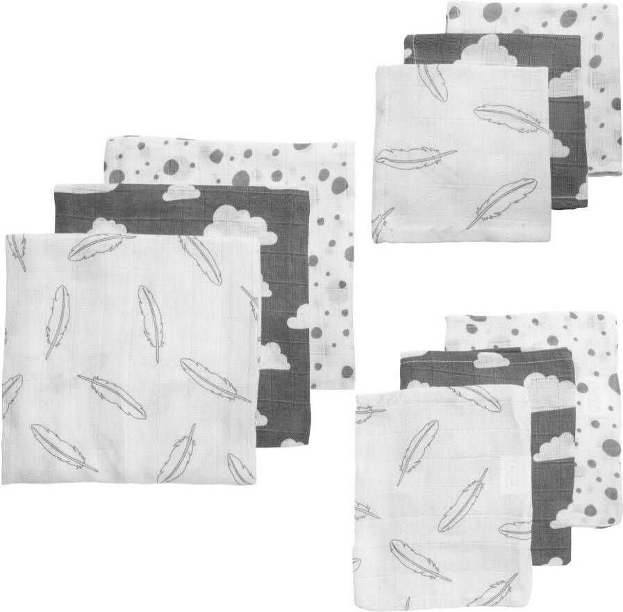 Meyco hydrofiele starterset Feather-clouds-dots set van 3x3 grijs wit