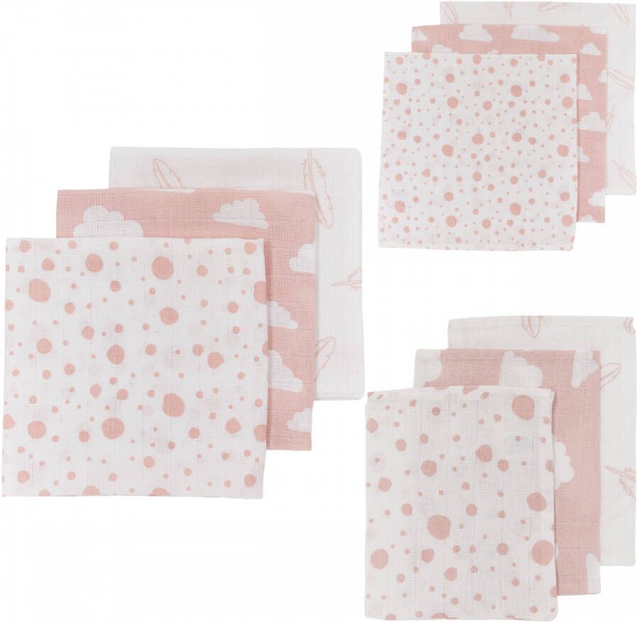 Meyco hydrofiele starterset Feather-clouds-dots set van 3x3 roze wit