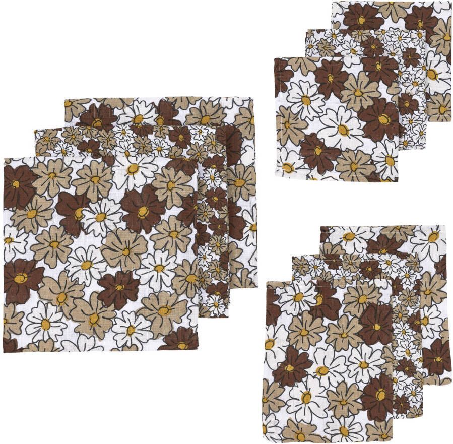 Meyco hydrofiele starterset Vintage flower set van 3x3 taupe bruin wit