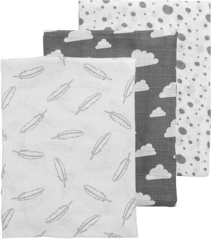Meyco hydrofiele swaddles 120x120 cm (set van 3) grijs wit Hydrofiele luiers