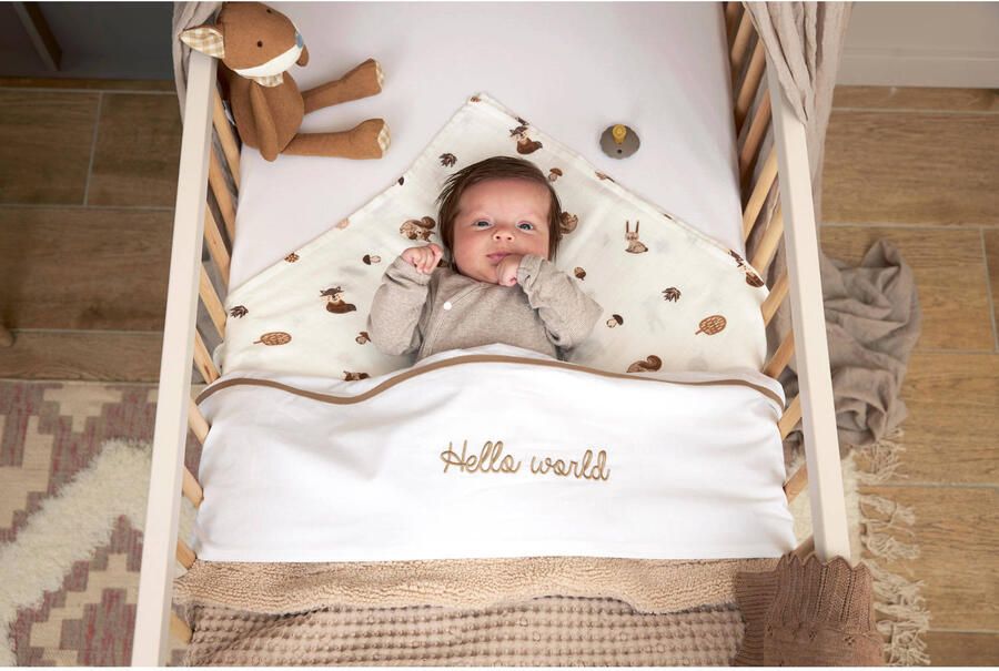 Meyco baby wieglaken 'Baby Hello World' taupe Babylaken Wit Tekst - Foto 2