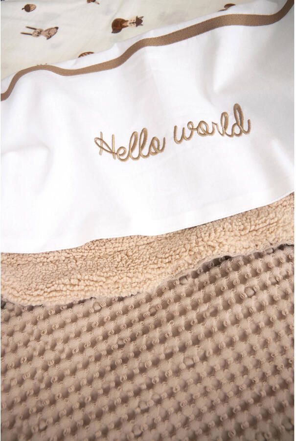 Meyco baby ledikantlaken Hello World taupe Babylaken Wit Tekst - Foto 3