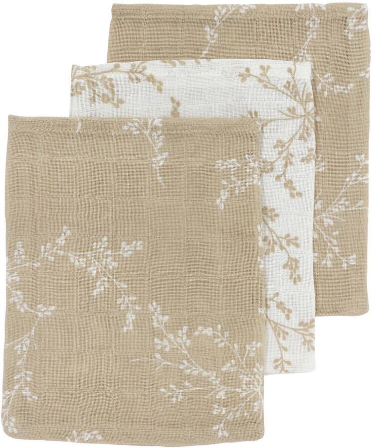 Meyco hydrofiel baby washandje set van 3 Branches sand Hydrofiele washandjes Beige
