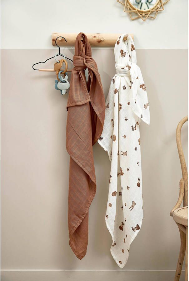 Meyco hydrofiele swaddle Forest Animals 120x120 cm set van 2 toffee Bruin - Foto 2