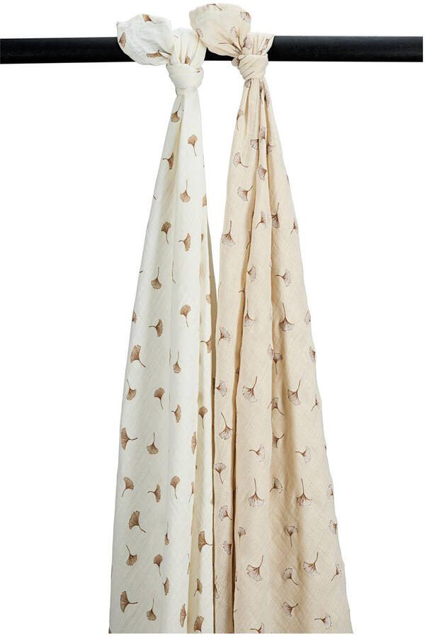 Meyco pre-washed hydrofiele swaddle Ginkgo offwhite soft sand (set van 2)