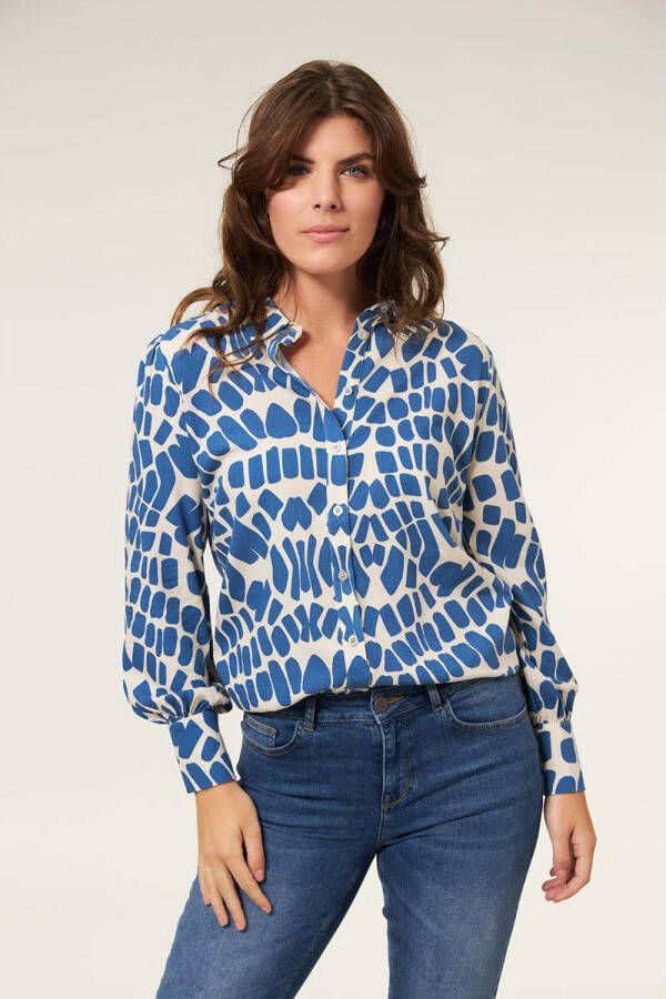 Miss Etam blouse Paulien met all over print blauw wit