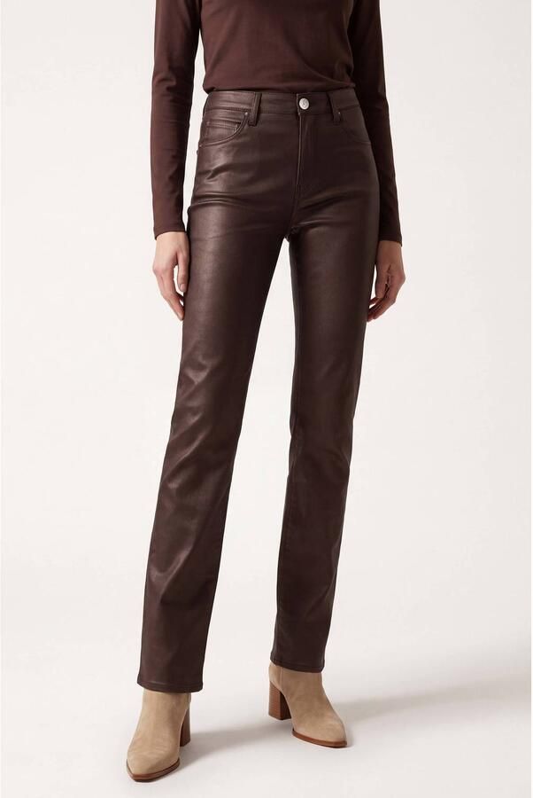 Miss Etam straight leg coated broek donkerbruin