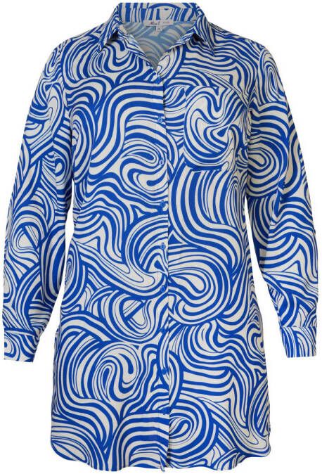 Miss Etam Plus blouse Lilly met grafische print gebroken wit blauw