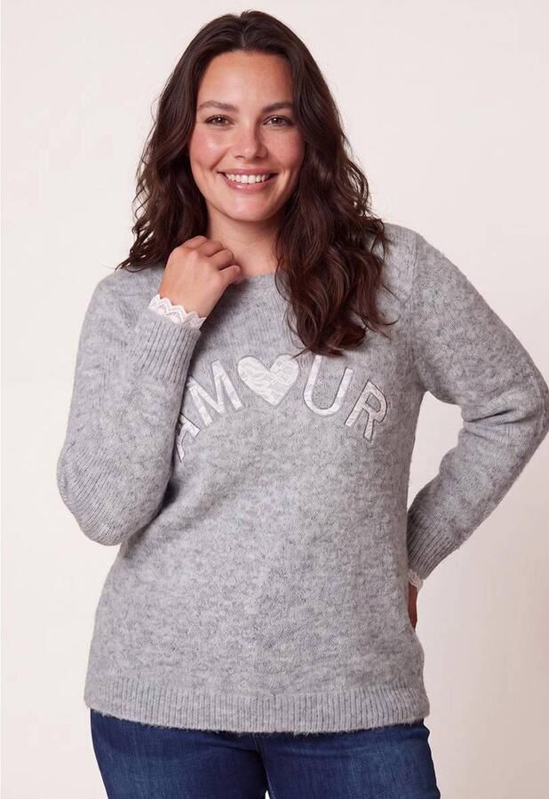Miss Etam Plus gebreide trui met tekst grijs
