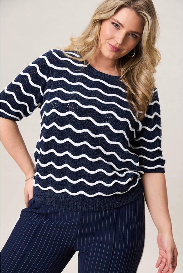 Miss Etam Plus gestreepte gebreide trui donkerblauw