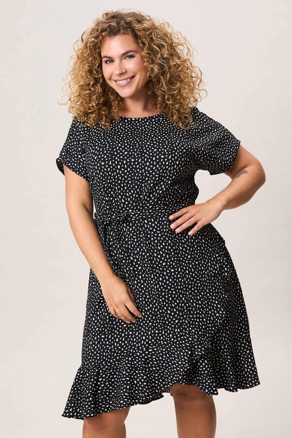 Miss Etam Plus korte zomerjurk met ceintuur en stippen zwart
