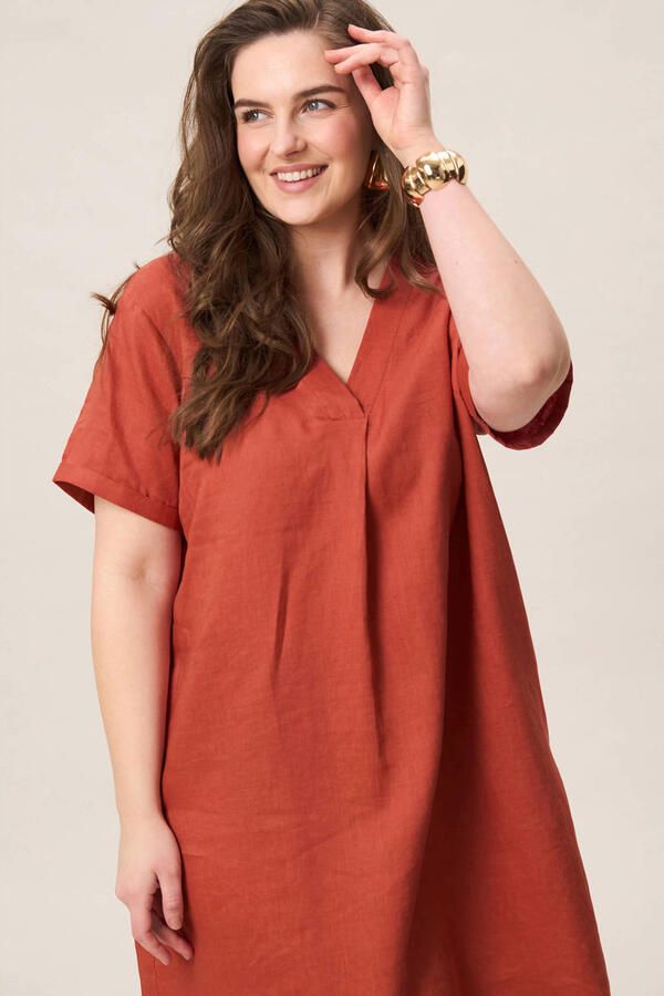 Miss Etam Plus linnen zomerjurk met plooien donker oranje