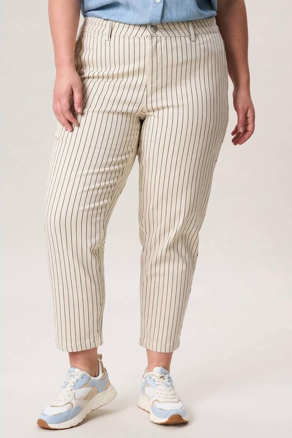 Miss Etam Plus slim high waist gestreepte broek crème