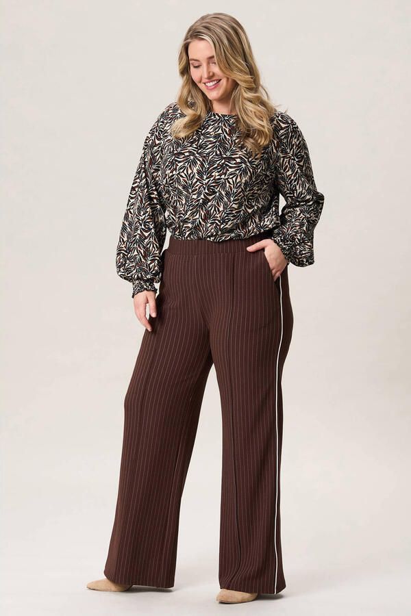 Miss Etam Plus straight high waist casual broek met krijtstreep donkerbruin