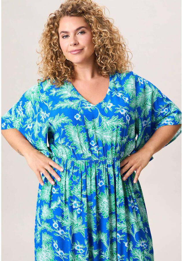 Miss Etam Plus viscose midi gebloemde zomerjurk blauw