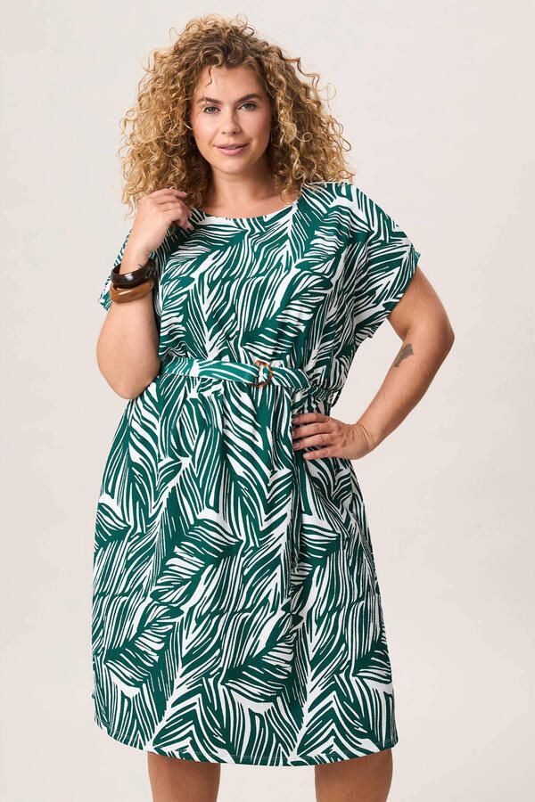 Miss Etam Plus zomerjurk met ceintuur en print groen