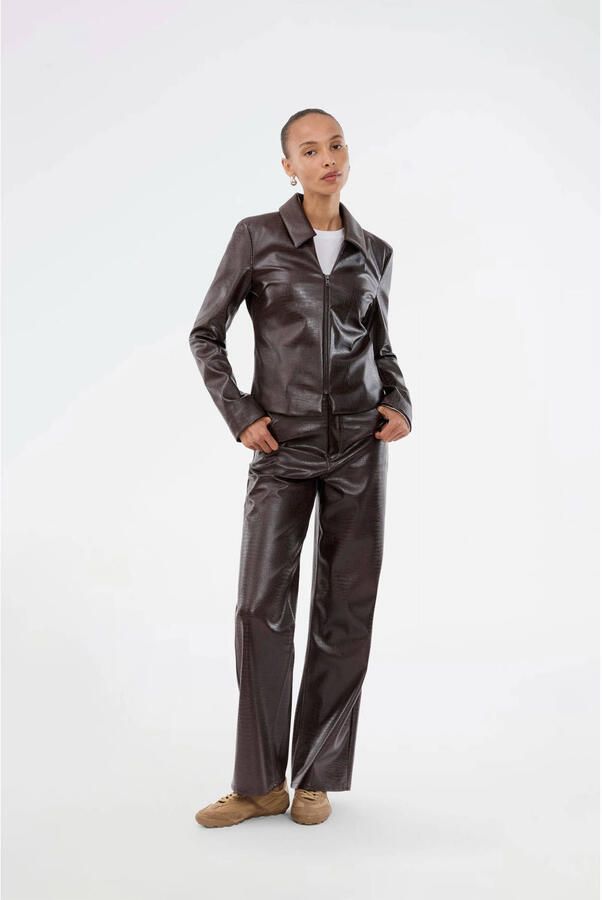 Modström imitatieleren wide leg regular waist broek bruin - Foto 2