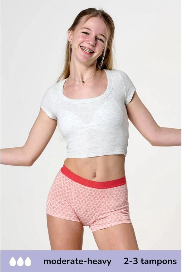 Moodies Undies boyshort menstruatieslip Medium Heavy roze Meisjes Bamboe 140-146