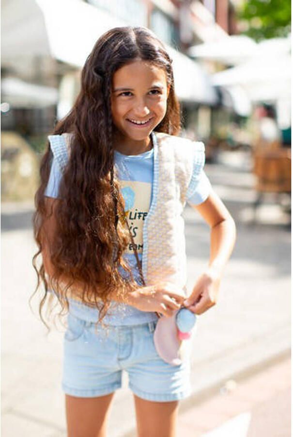 Moodstreet geruit reversible gilet lichtgeel ecru lichtblauw Meisjes Polyester Openvallende hals 146 152 - Foto 1